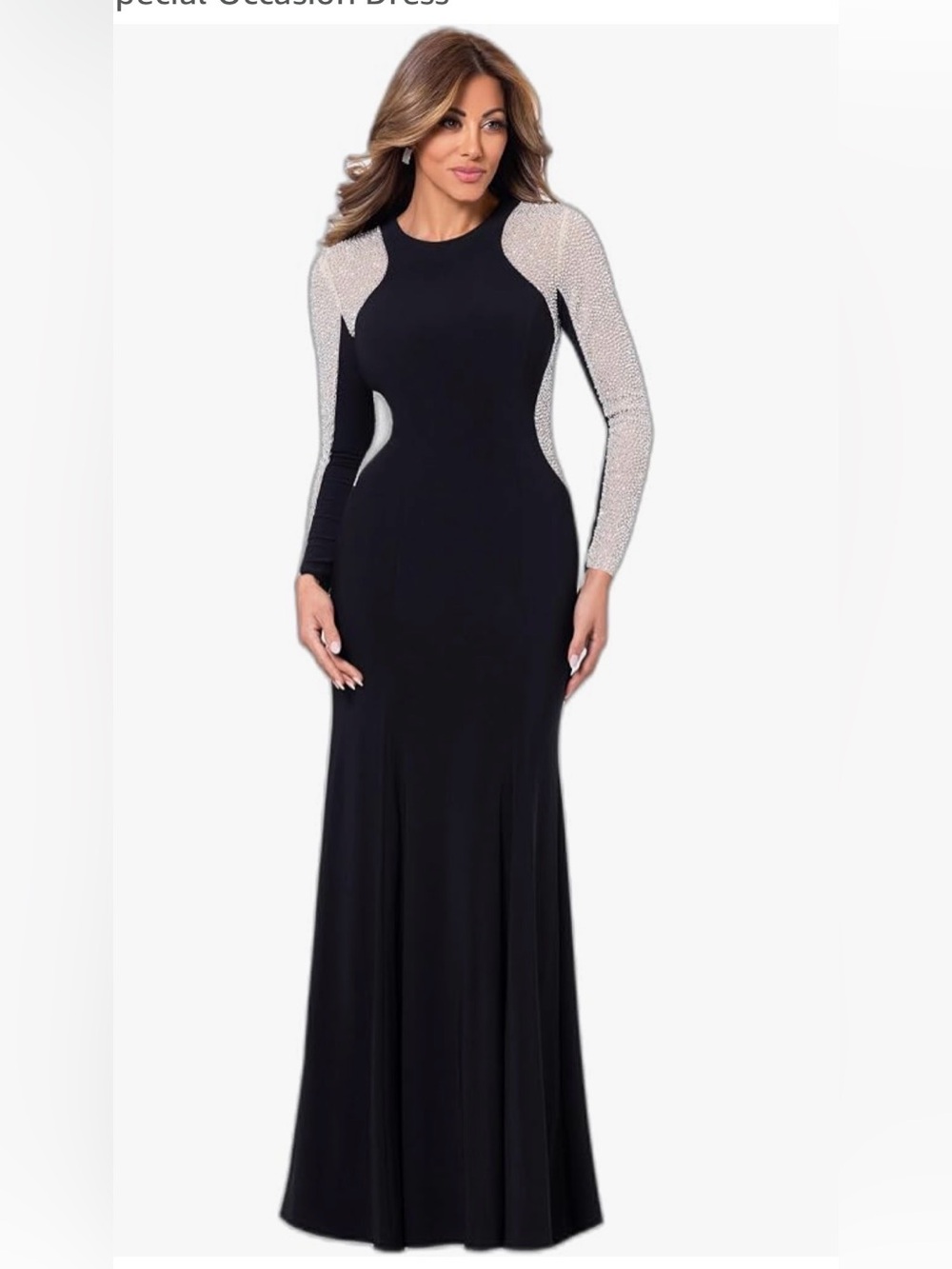 Like new XSCAPE Long-Sleeve Beaded contour Evening Gown made USA